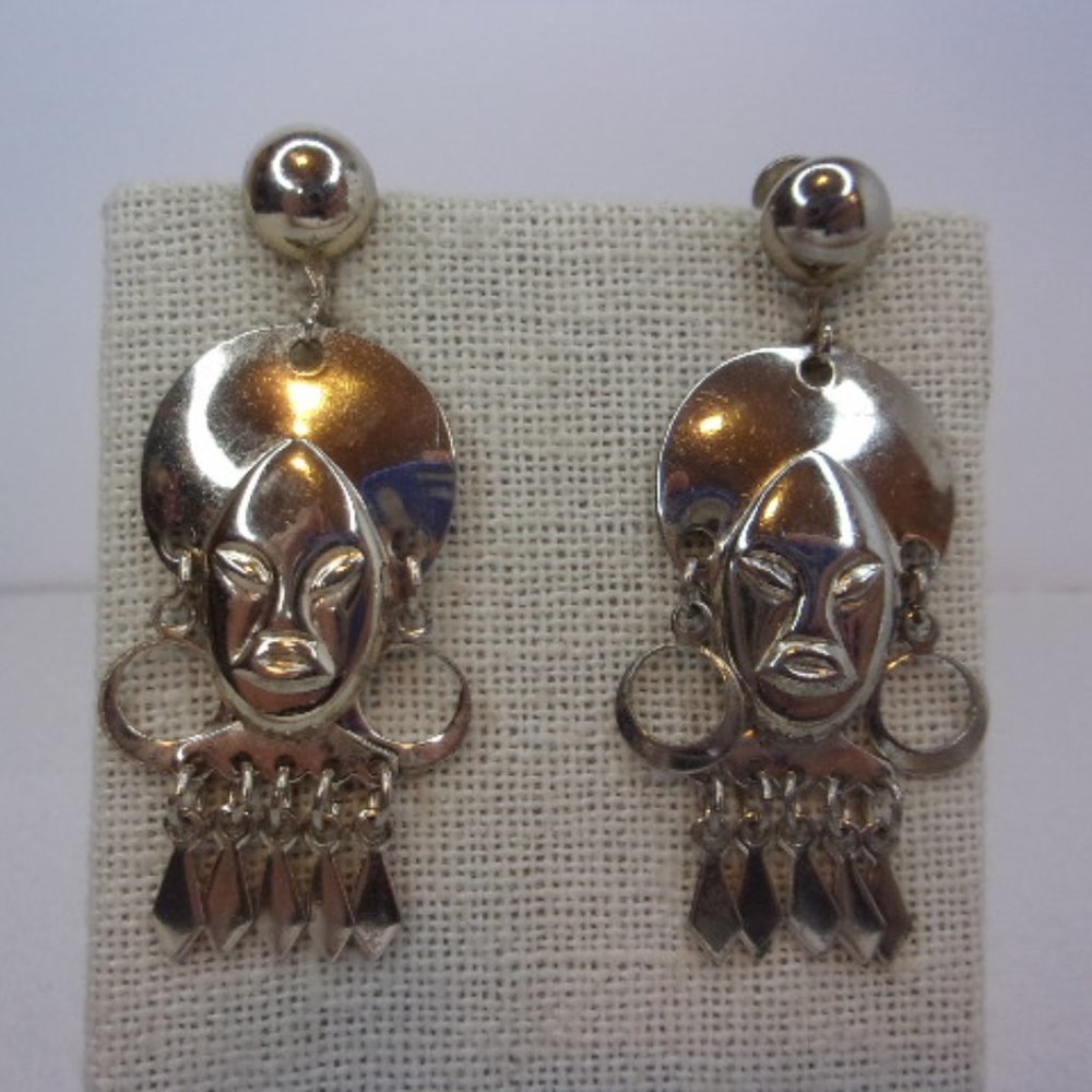 Vintage Tribal Light Gold Dangle Screw Back Earrings - Picture 2 of 4